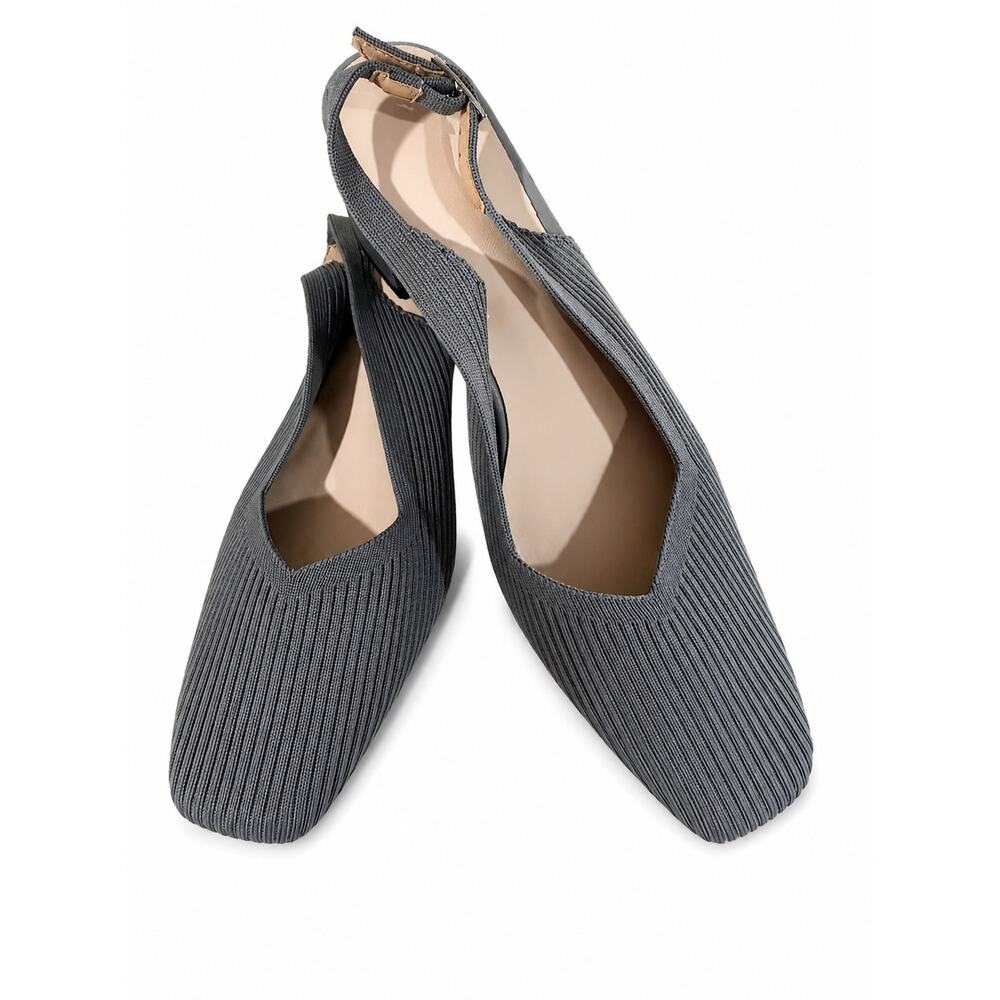 Gray Knit Slingback Kitten Heels Sz 8-8.5 Square Toe Office Siren Comfy Chic